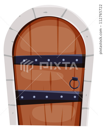 Vintage stone doorway with wooden armored door cartoon icon 112765722