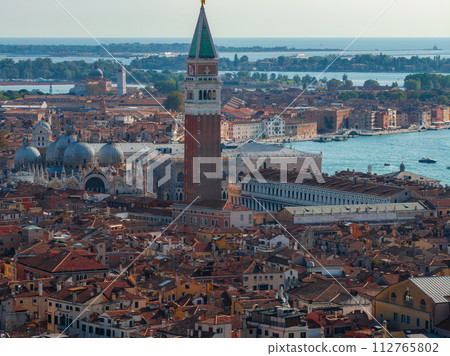 Aerial View of Venice near Saint Mark's Square, Rialto bridge and narrow canals. Beautiful Venice from above. 112765802