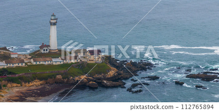Pigeon point lighthouse. Aerial view of the lighthouse on top of the Cliff in California, USA. 112765894