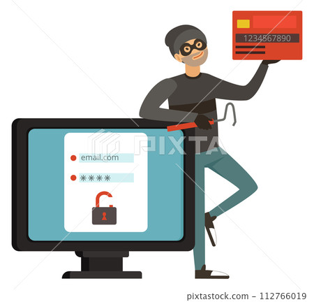 Hacker character. Cyber criminal steal money from credit card Hacker character. Cyber criminal steal money from credit card 112766019