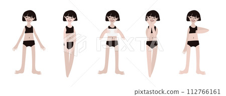 Five Asian girls in swimsuits. Calm standing poses: thumbs up, piece of paper in hands. Pale skin and dark hair. Vector illustration in flat style 112766161