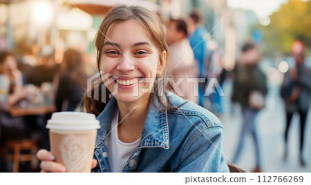 AI-generated content. Smiling Woman Holding Coffee Cup 112766269