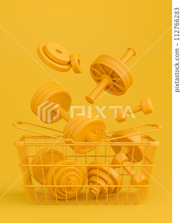 Sport equipment for fitness, gym in shopping basket on monochrome Sport equipment for fitness, gym in shopping basket on monochrome 112766283