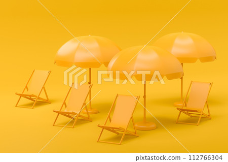 Beach chair with umbrella in a row on monochrome background. 112766304