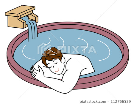 Simple illustration of a cute naked man taking a pleasant bath in an open-air hot spring bath fed directly by the source. 112766529