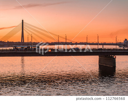 Beautiful aerial sunset over Rigafrom above. Panoramic view of the Riga old town, the capital of Latvia. 112766568