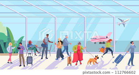 Panorama of the airport hall. People waiting for an airplane flight. Fat lady with dog and luggage. Aircraft. Flat vector illustration for banner, poster and advertising 112766602