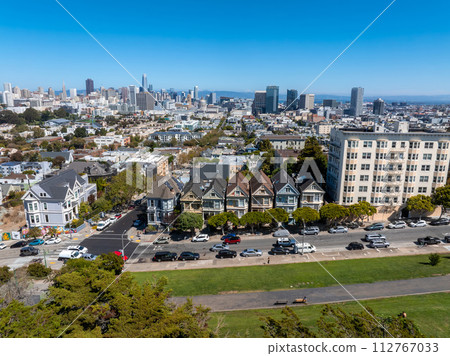 Aerial view of the famous view of San Francisco at Alamo Square CA, USA Aerial view of the famous view of San Francisco at Alamo Square CA, USA 112767033