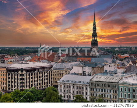 Beautiful aerial Riga view from above. Panoramic view of the Riga old town, the capital of Latvia. Beautiful aerial Riga view from above. Panoramic view of the Riga old town, the capital of Latvia. 112767089