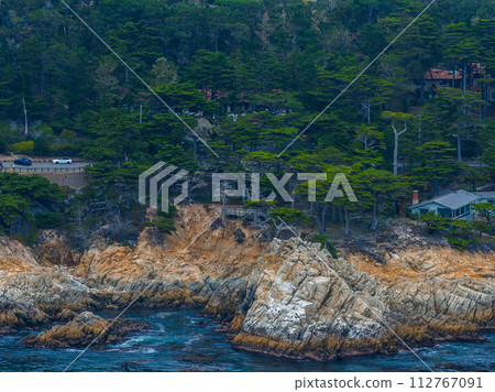 17 mile drive nature. Beautiful aerial view of the Pacific ocean coastline in California, USA. 17 mile drive nature. Beautiful aerial view of the Pacific ocean coastline in California, USA. 112767091