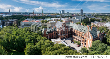 Beautiful aerial Riga view from above. Panoramic view of the Riga old town, the capital of Latvia. Beautiful aerial Riga view from above. Panoramic view of the Riga old town, the capital of Latvia. 112767204