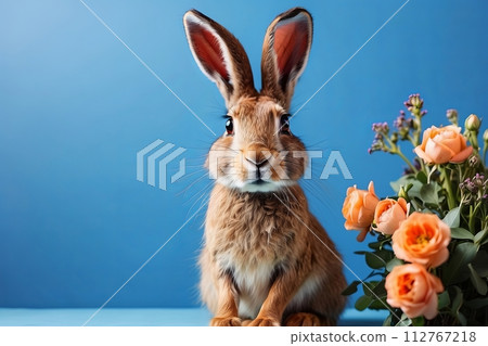 Easter greeting card, fluffy rabbit with flowers on blue background Easter greeting card, fluffy rabbit with flowers on blue background 112767218