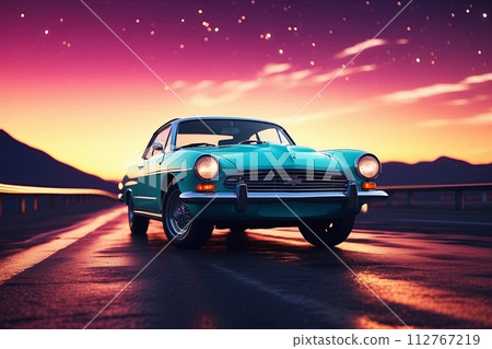 retro car with sunset, retro neon highway, retro cinematic style 112767219