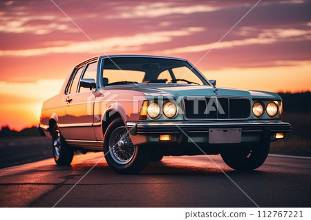 retro car with sunset, retro neon highway, retro cinematic style 112767221