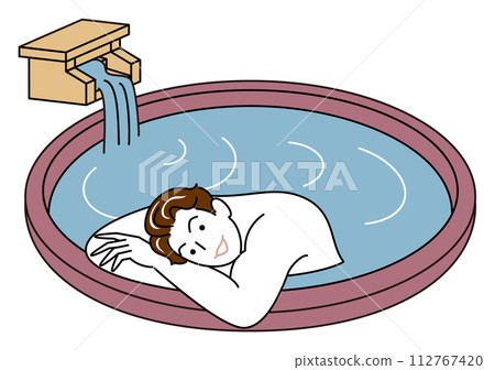 Simple illustration of a cute naked man taking a pleasant bath in an open-air hot spring bath fed directly by the source. 112767420