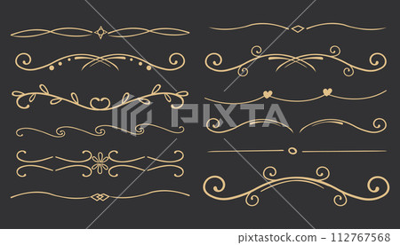Elegant gold divider thin line classic deco border separator collection isolated on dark background. Florish arnament, embelish. Elegant gold divider thin line classic deco border separator collection isolated on dark background. Florish arnament, embelish. 112767568