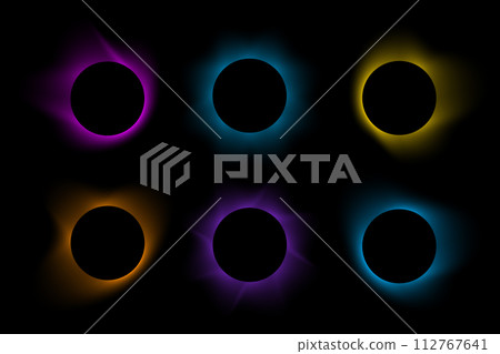Set of blurry round frames. Circle shapes with pink, purple, yellow, orange, blue and green neon gradient borders isolated on black background. Design elements with empty space. Vector illustration 112767641