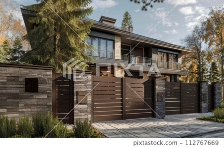 AI-generated content. A gray private house of two floors hidden behind a fence with automatic sliding brown gates 112767669