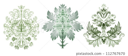 Watercolor monochrome green abstract plant patterns and branches with leaves for borders, frames, background, textiles, fabrics, cards, stickers, scrapbooking, invitations, greetings 112767670