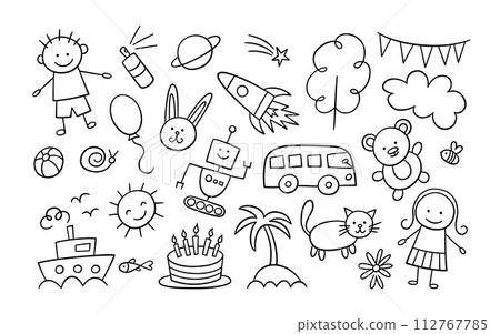 Children sketch drawing. Kid doodle elements. Boy, girl and robot. Big bus and sea ship. Toy bear and rabbit. Cute cat and fish. Vector illustration on white background Children sketch drawing. Kid doodle elements. Boy, girl and robot. Big bus and sea ship. Toy bear and rabbit. Cute cat and fish. Vector illustration on white background 112767785