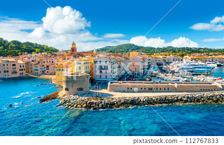 View of the city of Saint-Tropez, Provence, Cote d Azur, a popular destination for travel in Europe 112767833