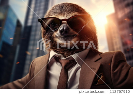 AI-generated content. cool business sloth with sunglasses on city background 112767910