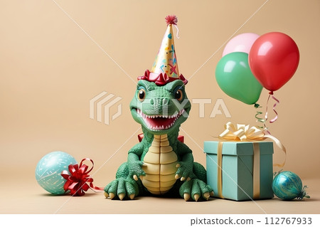 Toy dinosaur in birthday hat with gift box and balloons on beige background. Copy space. art birthday card idea 112767933