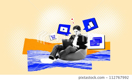 Concentrated young man sitting on vacation and working on laptop, watching video, using social media. Contemporary art collage. 112767992