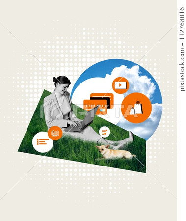 Smiling woman sitting on grass with dog and using laptop for online communication, shopping and fun. Contemporary art collage. 112768016
