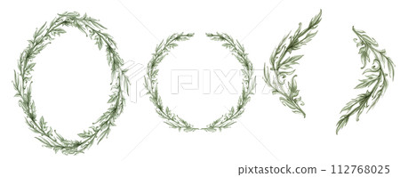 Watercolor monochrome green frame of abstract plant patterns and branches with leaves for borders, frames, background, textiles, fabrics, cards, stickers, scrapbooking, invitations, greetings Watercolor monochrome green frame of abstract plant patterns and branches with leaves for borders, frames, background, textiles, fabrics, cards, stickers, scrapbooking, invitations, greetings 112768025