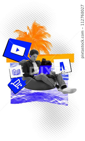 Man on vacation sitting with cat and working remotely on a laptop with social media, digital icons around. Shopping, freelance. Contemporary art collage. 112768027