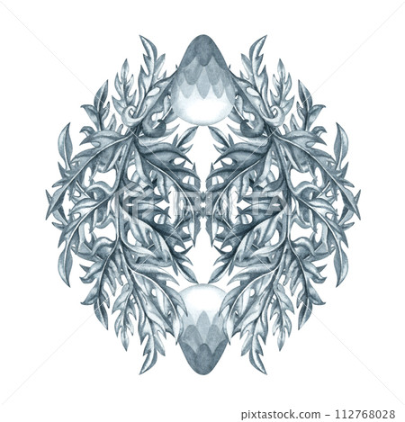 Watercolor monochrome gray abstract plant patterns and branches with leaves for borders, frames, background, textiles, fabrics, cards, stickers, scrapbooking, invitations, greetings 112768028