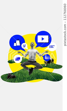 Man in yoga meditating pose levitating over field with cows and gadget interface icons. Shopping, social media. Contemporary art collage. Man in yoga meditating pose levitating over field with cows and gadget interface icons. Shopping, social media. Contemporary art collage. 112768060