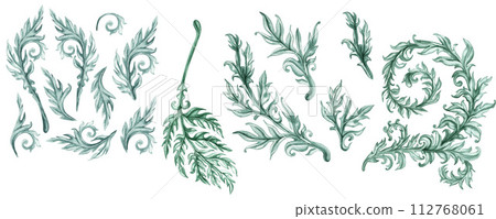 Watercolor monochrome green abstract plant patterns and branches with leaves for borders, frames, background, textiles, fabrics, cards, stickers, scrapbooking, invitations, greetings 112768061