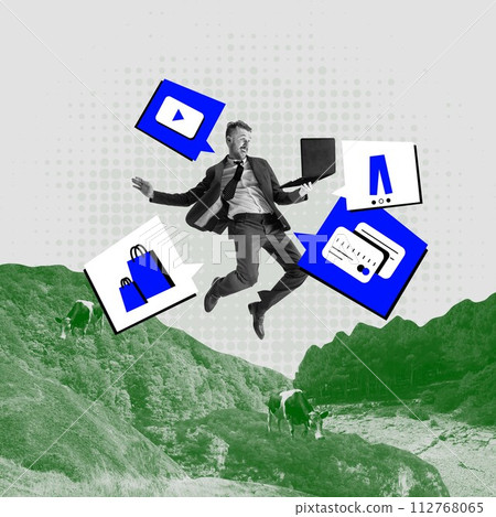 Businessman jumping with laptop over mountains with cows, using social medias, shopping online. Contemporary art collage. Businessman jumping with laptop over mountains with cows, using social medias, shopping online. Contemporary art collage. 112768065