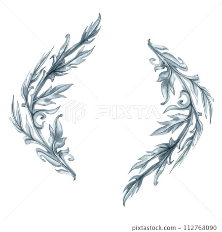 Watercolor monochrome gray frame of abstract plant patterns and branches with leaves for borders, frames, background, textiles, fabrics, cards, stickers, scrapbooking, invitations, greetings 112768090