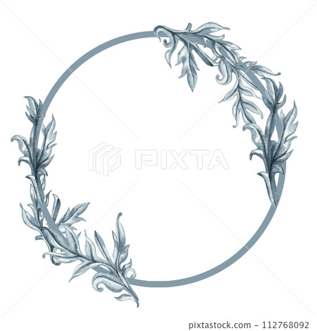Watercolor monochrome gray round frame of abstract plant patterns and branches with leaves for borders, frames, background, textiles, fabrics, cards, stickers, scrapbooking, invitations, greetings 112768092