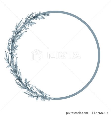 Watercolor monochrome gray round frame of abstract plant patterns and branches with leaves for borders, frames, background, textiles, fabrics, cards, stickers, scrapbooking, invitations, greetings 112768094
