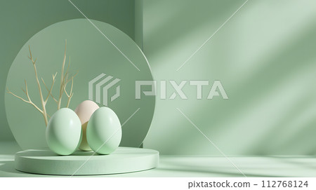 Happy Easter! Pastel green Easter background with eggs. Stylish tender spring template with space for text. Greeting card or banner Happy Easter! Pastel green Easter background with eggs. Stylish tender spring template with space for text. Greeting card or banner 112768124