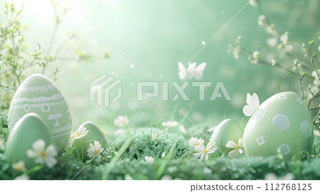 Happy Easter. green Easter eggs on the grass and flowers, greeting card with copy space. Easter decoration, banner Happy Easter. green Easter eggs on the grass and flowers, greeting card with copy space. Easter decoration, banner 112768125