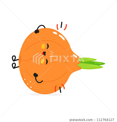 Onion laughs character. Vector hand drawn cartoon kawaii character illustration icon. Isolated on white background. Onion character concept Onion laughs character. Vector hand drawn cartoon kawaii character illustration icon. Isolated on white background. Onion character concept 112768127