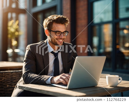 A business man with a laptop or tablet works in a cafe on the street near modern business buildings. 112768229