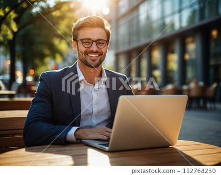 A business man with a laptop or tablet works in a cafe on the street near modern business buildings. A business man with a laptop or tablet works in a cafe on the street near modern business buildings. 112768230