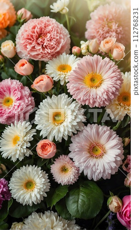 Bright floral background. Spring summer background. Festive floral background. Many spring summer flowers 112768231