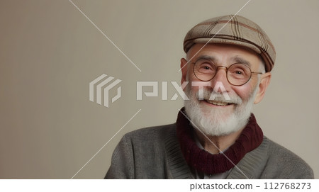 stylish Senior man smiling positive emotions on pastel background with place for text 112768273