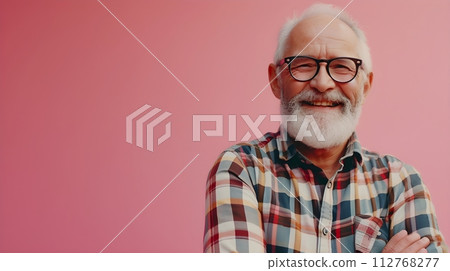 stylish Senior man smiling positive emotions on pink background with place for text 112768277