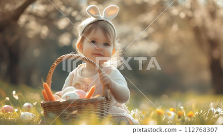 Cute 2 years old toddler girl playing with a basket full with Easter eggs outside, nature background 112768307