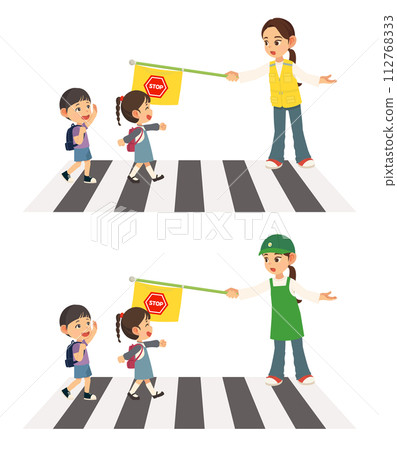 Illustration of a woman doing traffic control with children crossing a crosswalk Illustration of a woman doing traffic control with children crossing a crosswalk 112768333