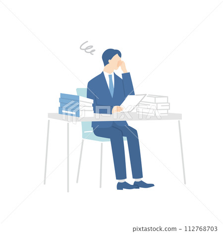 Businessman holding his head over a pile of documents 112768703