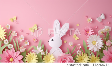 Happy Easter. pink paper Easter background with bunny and flowers Happy Easter. pink paper Easter background with bunny and flowers 112768718